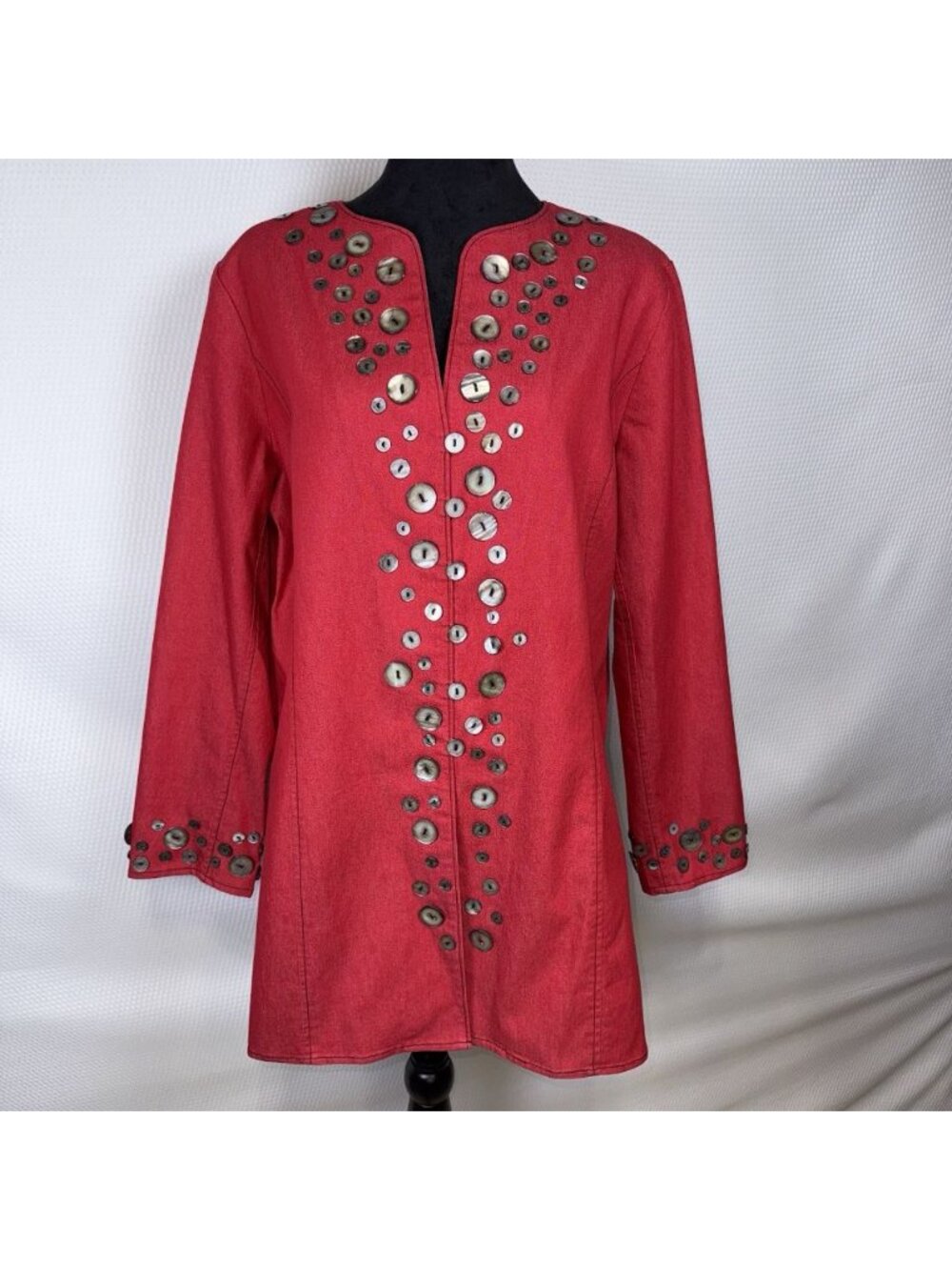 Victor Costa Occasion Small Red Denim Long Jacket Button Trimmed Front & Cuffs